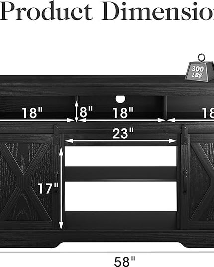 Farmhouse TV Stand for 23" Fireplace, 34'' Tall Entertainment Center for 65+ Inch TV, Rustic TV Console with Sliding Bar Door for Living Room (Black) - LeafyLoom