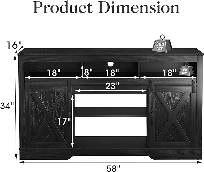 Farmhouse TV Stand for 23" Fireplace, 34'' Tall Entertainment Center for 65+ Inch TV, Rustic TV Console with Sliding Bar Door for Living Room (Black) - LeafyLoom