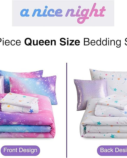 A Nice Night 6Pcs Gradient Glitter Bedding Set for Girls, Colorful Rainbow Galaxy Comforter Set, Ultra Soft Bedding Sets (Purple,Queen 6Pcs) - LeafyLoom