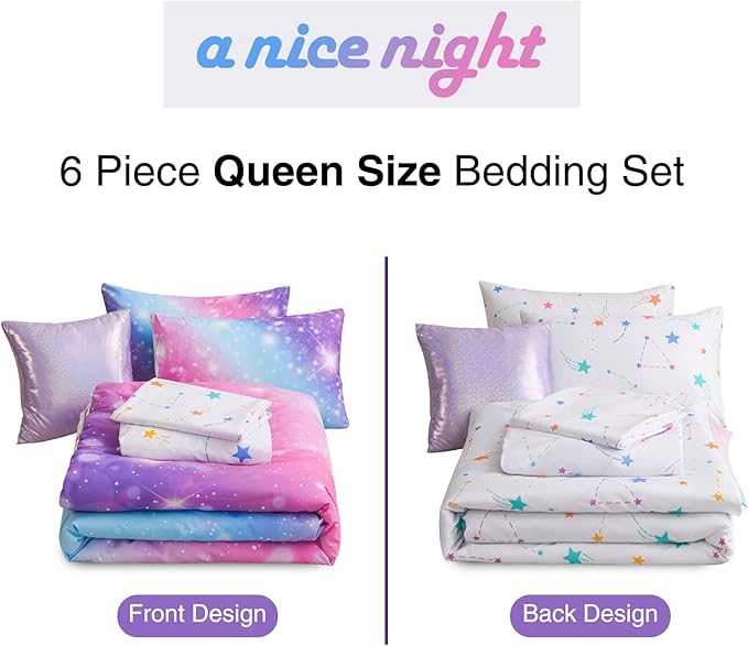 A Nice Night 6Pcs Gradient Glitter Bedding Set for Girls, Colorful Rainbow Galaxy Comforter Set, Ultra Soft Bedding Sets (Purple,Queen 6Pcs) - LeafyLoom