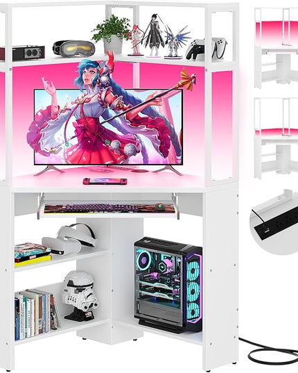 Cyclysio Small Corner Desk with Hutch, Heavy Duty Corner Computer Desk with Power Outlets & LED Light, Triangle Corner Gaming Desk with Keyboard Tray for Home Office, Small Space, Workstation White - LeafyLoom