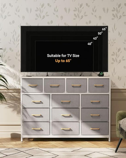 ODK Dresser with Charging Station, 57-Inch Long Dresser TV Stand for Bedroom, Large Dresser with 13 Storage Drawers, Chest of Drawers Easy-Pull Fabric Dressers for Living Room, Grey - LeafyLoom