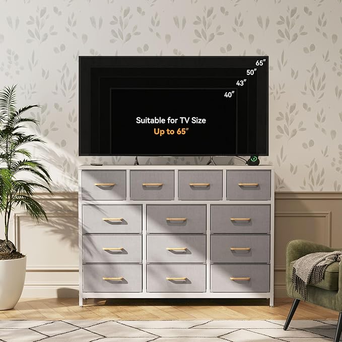 ODK Dresser with Charging Station, 57-Inch Long Dresser TV Stand for Bedroom, Large Dresser with 13 Storage Drawers, Chest of Drawers Easy-Pull Fabric Dressers for Living Room, Grey - LeafyLoom