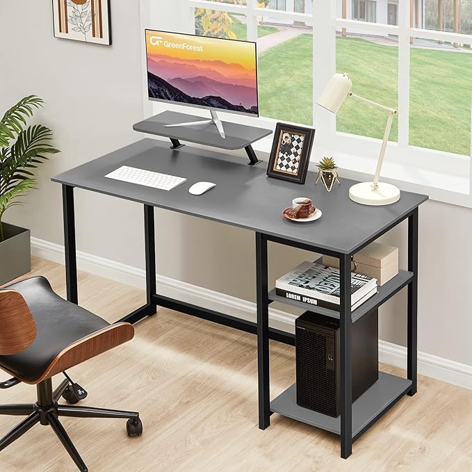 GreenForest Computer Desk with Monitor Stand,39 inch Home Office Desk with Reversible Storage Shelves,Modern Small Writing Desk Study Table,Work Form Home,Grey - LeafyLoom