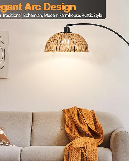 Rattan Floor Lamp- Modern Black Standing Floor Lamps with Remote Control and Stepless Dimmable Bulb, Hand-Worked Adjustable Rattan Lamp Shades Bohemian Floor Lamps for Living Room, Bedroom, Office - LeafyLoom