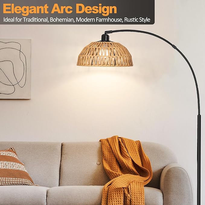 Rattan Floor Lamp- Modern Black Standing Floor Lamps with Remote Control and Stepless Dimmable Bulb, Hand-Worked Adjustable Rattan Lamp Shades Bohemian Floor Lamps for Living Room, Bedroom, Office - LeafyLoom