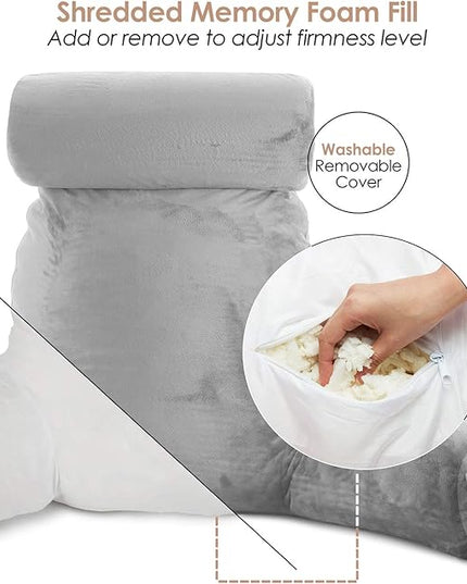 Clara Clark Reading Pillow, Large Back Pillow for Sitting Up in Bed, Memory Foam Back Support Pillow, Reading Pillows for Sitting in Bed Adult, Light Grey Sit Up Pillow for Bed with Arms and Pockets - LeafyLoom