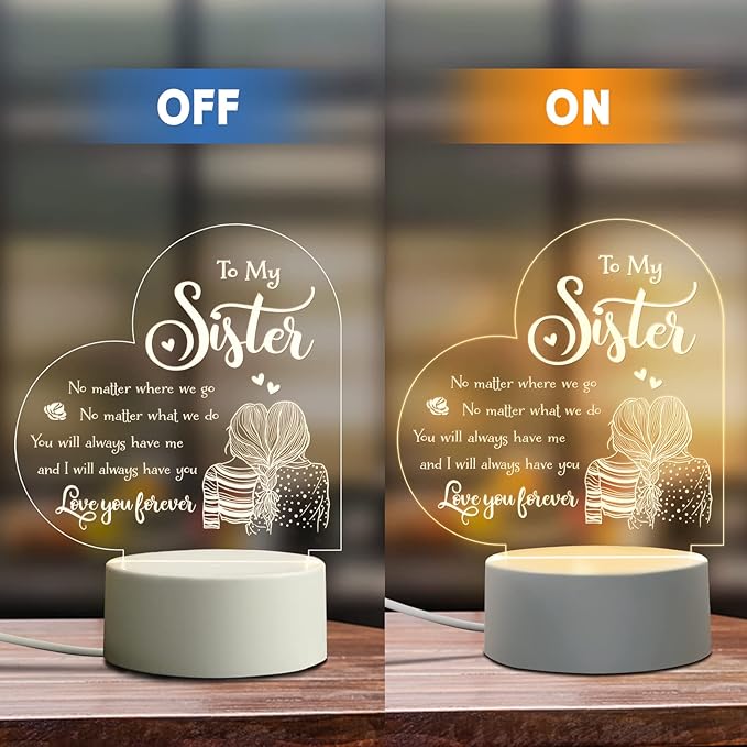 Sister Mothers Day Gift ideas, Sisters Gifts from Sister, to My Sister Birthday Gifts from Sister, Graduation Wedding Birthday Gifts for Sisters from Sister, Engraved Night Light Gifts for Sister - LeafyLoom
