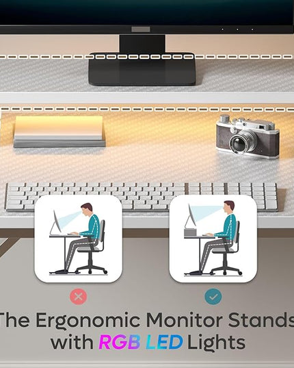 Bestier Small Gaming Desk with Monitor Stand, 42 inch LED Computer Desk, Gamer Workstation with Cup Holder & Headset Hooks, Modern Simple Style Desk for Home Office, Carbon Fiber White - LeafyLoom