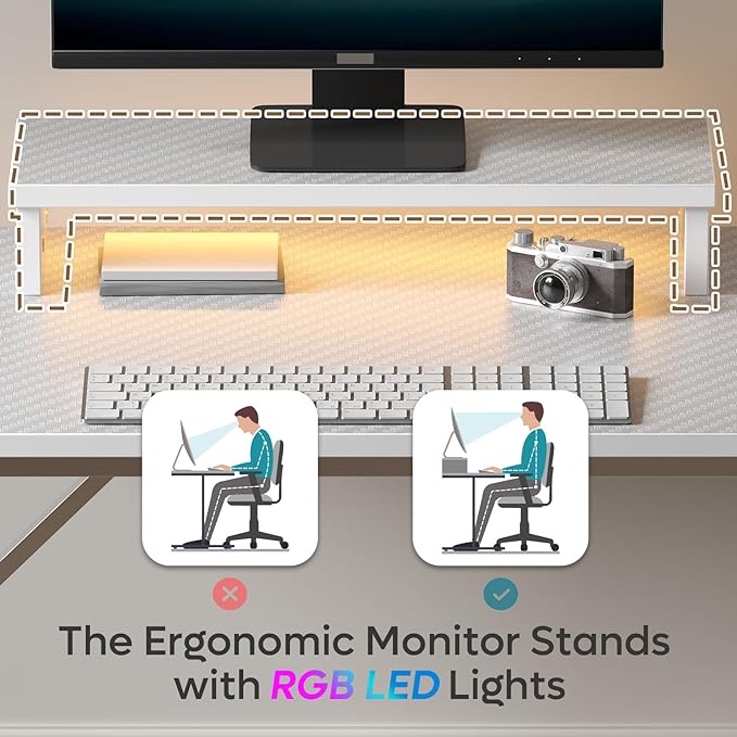 Bestier Small Gaming Desk with Monitor Stand, 42 inch LED Computer Desk, Gamer Workstation with Cup Holder & Headset Hooks, Modern Simple Style Desk for Home Office, Carbon Fiber White - LeafyLoom
