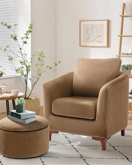 COLAMY Velvet Accent Chair with Storage Ottoman Set, Upholstered Barrel Arm Chair with Footrest, Modern Living Room Chair with Back Pillow, Camel - LeafyLoom