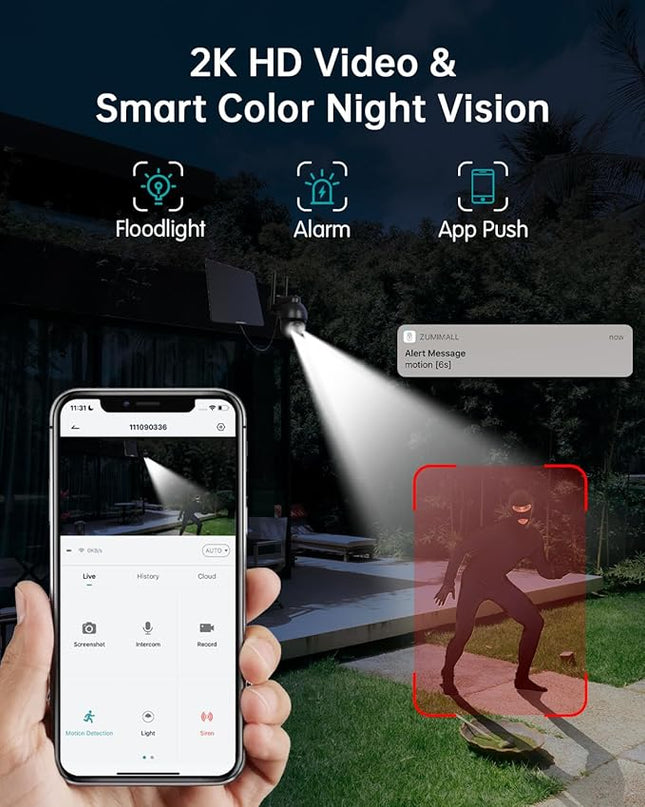 ZUMIMALL 4G LTE Cellular Solar Security Camera Wireless Outdoor, 2K No WiFi Security Camera Solar Powered with Color Night Vision, 2-Way Talk, Motion Alert, Cloud, SIM Included（US Version） ZUMIMALL