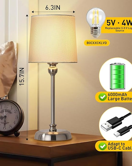 Cordless LED Table Lamp, 6000mAh Rechargeable Bedside Night Lamp for Bedroom, Portable Touch Stepless Dimmable Battery Operated Lamp, Ambient Light for Patio Restaurant(Brushed Nickel H) - LeafyLoom