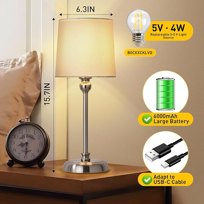 Cordless LED Table Lamp, 6000mAh Rechargeable Bedside Night Lamp for Bedroom, Portable Touch Stepless Dimmable Battery Operated Lamp, Ambient Light for Patio Restaurant(Brushed Nickel H) - LeafyLoom