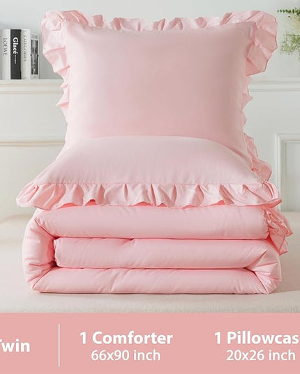 Andency Pink Ruffle Comforter Set Twin, 2 Pieces Kids Comforter Set Twin(66x90Inch), Lightweight Soft Girls Shabby Chic Bedding Comforter Set All Season Bed Set - LeafyLoom