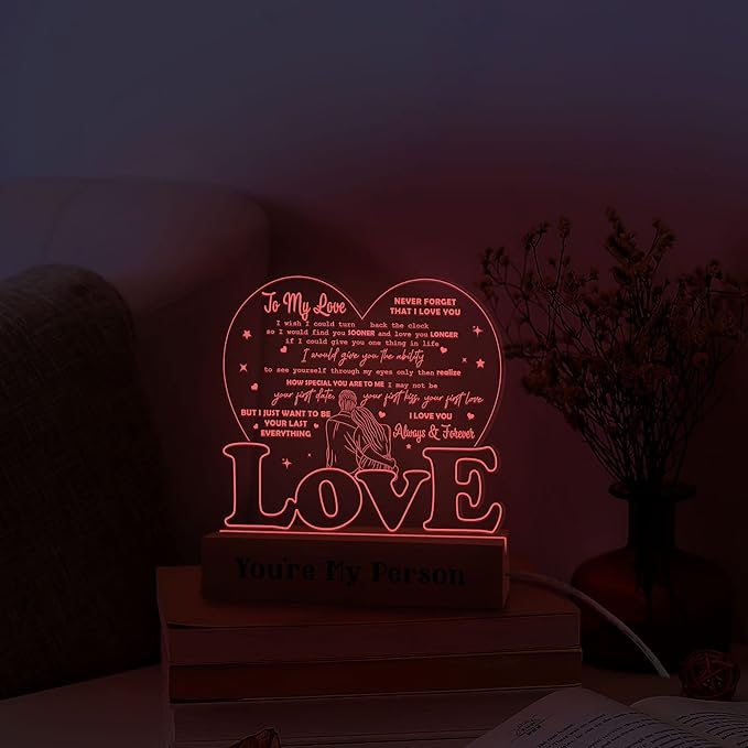 to My Love Wife Gifts from Husband, Romantic Valentines Gift 3D Illusion Lamp Wooden Base USB Powered Acrylic Night Light for Him Her Girlfriend Boyfriend Husband Wife on Birthday Anniversary - LeafyLoom