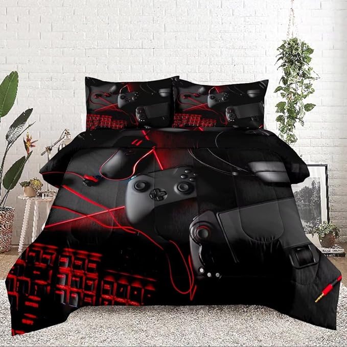 Gaming Comforter for Boys Teens,Game Bedding Sets Twin,Kids Gamer Comforter Set,Video Game Bedroom Decor,Gamepad Controller Duvet Insert All Season 3 Piece 1 Comforter and 2 Pillowcases - LeafyLoom