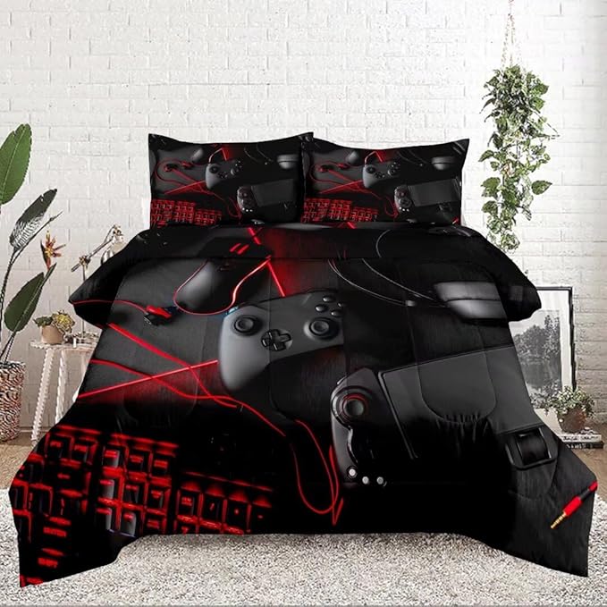 Gaming Comforter for Boys Teens,Game Bedding Sets Full,Kids Gamer Comforter Set,Video Game Bedroom Decor,Gamepad Controller Duvet Insert All Season 3 Piece 1 Comforter and 2 Pillowcases - LeafyLoom