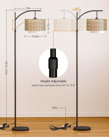 Boho Arc Rattan Floor Lamp with Remote Control - Tall Standing Lamp for Living Room, Mid Century Farmhouse Floor Lamp, Adjustable Height and 360° Rotation for Bedroom, Study Room - LeafyLoom