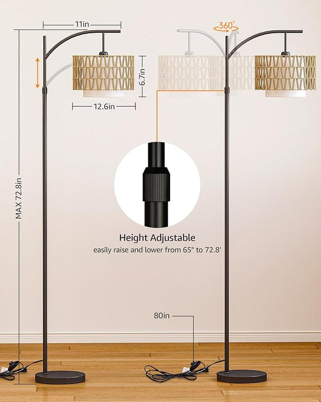 Boho Arc Rattan Floor Lamp with Remote Control - Tall Standing Lamp for Living Room, Mid Century Farmhouse Floor Lamp, Adjustable Height and 360° Rotation for Bedroom, Study Room - LeafyLoom