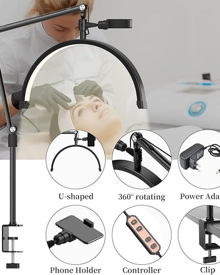 Professional LED Lash Light for Eyelash Extensions, Clip on Lash Lamp for Makeup, Nail, Skincare and Tattoo with Phone Holder - Adjustable Brightness and Color Temperature 3000K-6000K - LeafyLoom