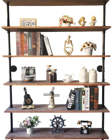 6 Tier Industrial Ladder Pipe Shelf, Wall Mounted Wood Metal Bookshelf for Living Room Storage (Weathered Brown, 10" D x 48" W x 82.5" H) - LeafyLoom