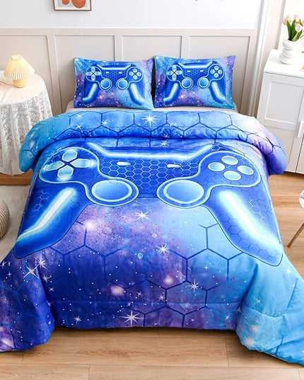 NTBED Game Console Comforter Set for Boys Girls Kids 3D Gaming Geometric Lightweight Microfiber Bedding Sets (Blue Purple, Twin) - LeafyLoom