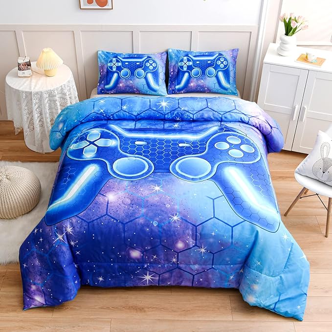 NTBED Game Console Comforter Set for Boys Girls Kids 3D Gaming Geometric Lightweight Microfiber Bedding Sets (Blue Purple, Twin) - LeafyLoom