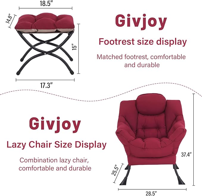 Lazy Chair and Ottoman, Large Accent Lounge Chair with Armrests and a Side Pocket, Modern Leisure Upholstered Sofa Reading Armchair with Footrest for Bedroom, Living Room, Dorm Rooms, Office - LeafyLoom