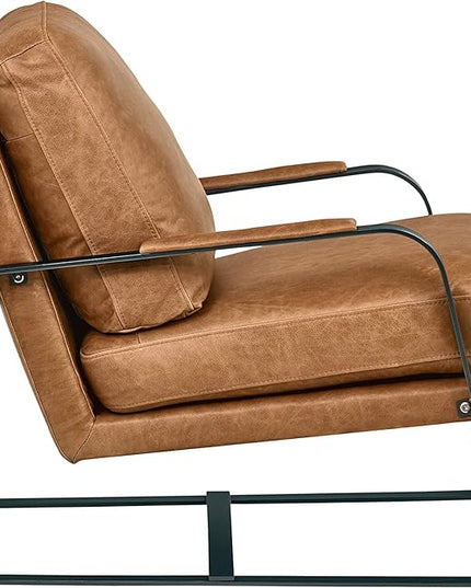 Amazon Brand – Rivet Summit Mid-Century Modern Leather Accent Chair with Steel Arms, Cognac Brown, 35"D x 27.2"W x 27.6"H - LeafyLoom