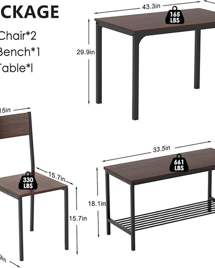 sogesfurniture Modern 4-Piece Kitchen Dining Table Set with 1 Bench and 2 Chairs, Kitchen Bench Table Set for 4, Wooden Kitchen Table and Chairs for Limited Space,Brown - LeafyLoom