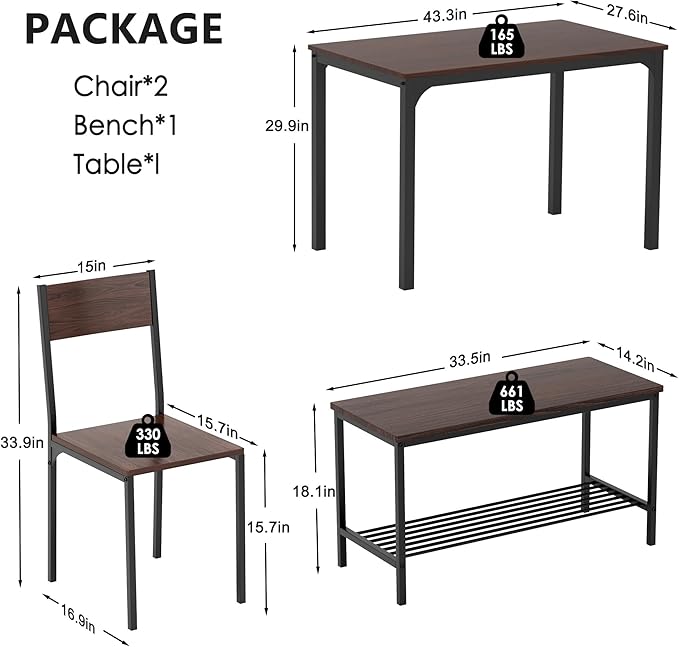 sogesfurniture Modern 4-Piece Kitchen Dining Table Set with 1 Bench and 2 Chairs, Kitchen Bench Table Set for 4, Wooden Kitchen Table and Chairs for Limited Space,Brown - LeafyLoom