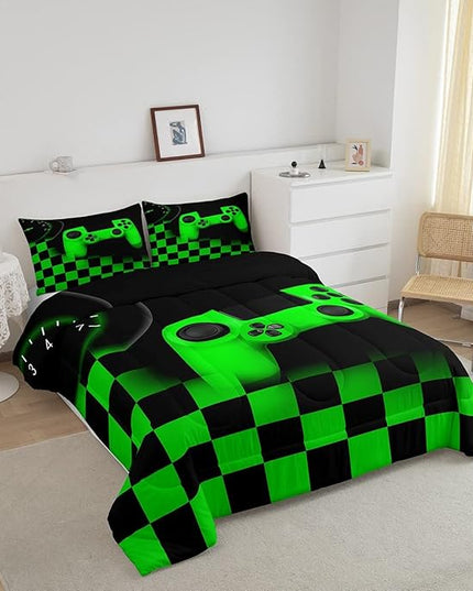 Gaming Bedding Set Queen Size Game Comforter Set for Boys Girls Kids Teens Soft Microfiber Green Modern Buttons Video Game Duvet Insert Gamer Room Decorative 3 Piece Bedding Set with 2 Pillow Shams - LeafyLoom