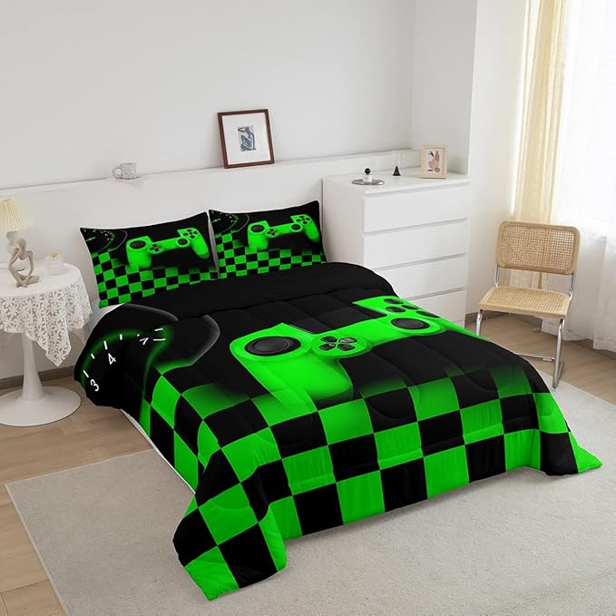 Gaming Bedding Set Queen Size Game Comforter Set for Boys Girls Kids Teens Soft Microfiber Green Modern Buttons Video Game Duvet Insert Gamer Room Decorative 3 Piece Bedding Set with 2 Pillow Shams - LeafyLoom