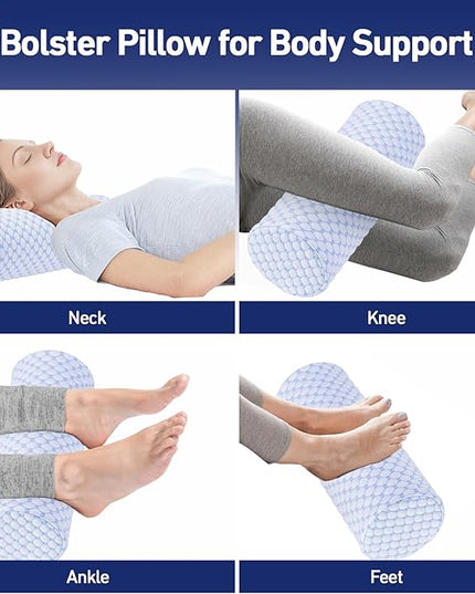 Neck Roll Pillow for Sleeping - Round Cervical Neck Pillow with Cooling Pillowcase - Memory Foam Cylinder Bolster Pillow for Legs, Necks, Back, Lumbar, and Foot, 16x6.3 Inch (Cool Blue) - LeafyLoom