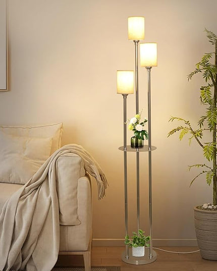 Floor Lamps for Living Room, 3-Lights Modern Floor Lamp with Shelves, Chrome Standing Lamp with Fabric Shade and Foot Switch, Shelf Standing Lamps with Table, Tall Lamps for Bedroom Office - LeafyLoom