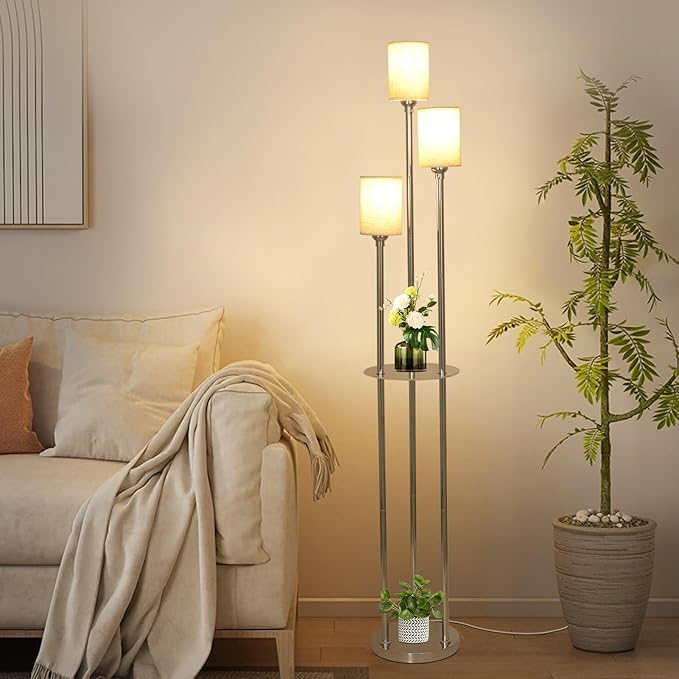 Floor Lamps for Living Room, 3-Lights Modern Floor Lamp with Shelves, Chrome Standing Lamp with Fabric Shade and Foot Switch, Shelf Standing Lamps with Table, Tall Lamps for Bedroom Office - LeafyLoom