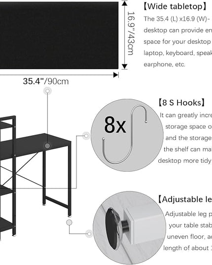 4NM 35" Small Computer Desk with 4-Tier Bookshelf and 8 Hooks, Home Office Desk Writing Workstation Study Table for Small Space Work - All Black - LeafyLoom