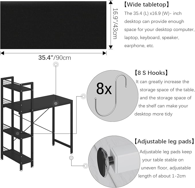 4NM 35" Small Computer Desk with 4-Tier Bookshelf and 8 Hooks, Home Office Desk Writing Workstation Study Table for Small Space Work - All Black - LeafyLoom