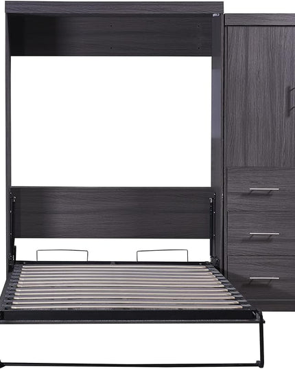 Full Size Murphy Bed, Multifunctional Storage Bed Wall Bed with 3 Drawers and Wardrobe, Can be Folded into a Cabinet, Ideal for Small Spaces Place, No Box Spring Needed, Gray - LeafyLoom