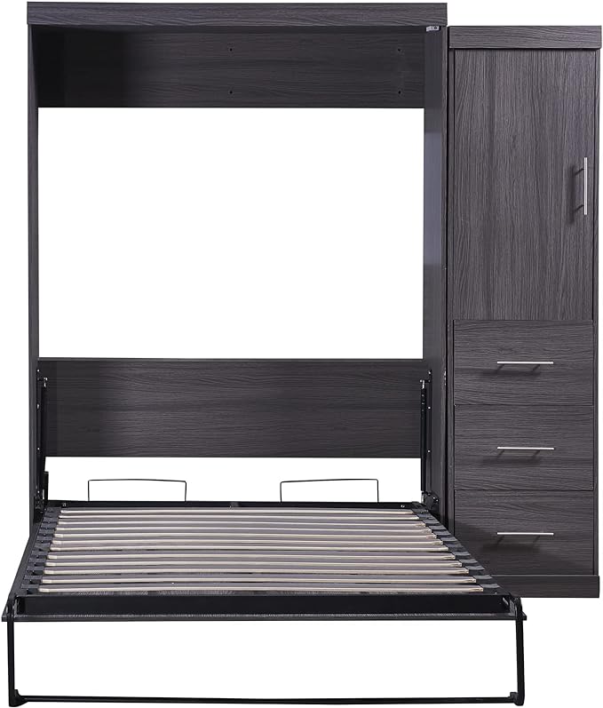 Full Size Murphy Bed, Multifunctional Storage Bed Wall Bed with 3 Drawers and Wardrobe, Can be Folded into a Cabinet, Ideal for Small Spaces Place, No Box Spring Needed, Gray - LeafyLoom