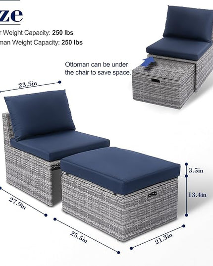 BACKYARD EXPRESSIONS PATIO · HOME · GARDEN w Backyard Expressions 2 Pc. Outdoor Conversation Chair Set with Storage and Ottoman, 250lb Weight Capacity, Navy Blue/Grey Wicker - LeafyLoom