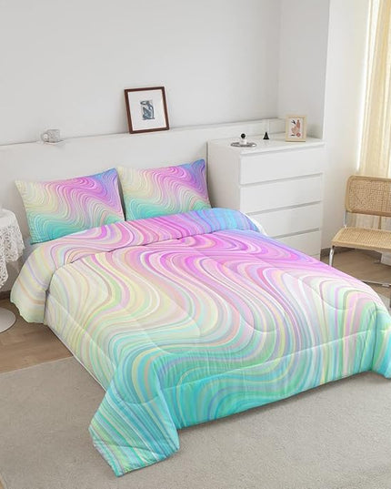 Pastel Rainbow Comforter Set with Pillowcases Abstract Wave Stripes 3D Printed Designs 3 Piece Bedroom Duvet Set Psychedelic Girl Bed Down Comforter for Kids Women Dorm Room (King,Coulourful Marble) - LeafyLoom