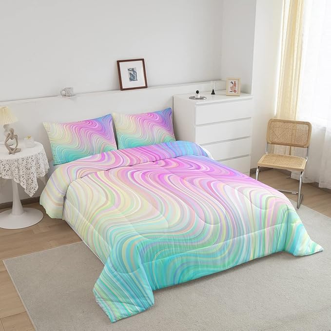 Pastel Rainbow Comforter Set with Pillowcases Abstract Wave Stripes 3D Printed Designs 3 Piece Bedroom Duvet Set Psychedelic Girl Bed Down Comforter for Kids Women Dorm Room (King,Coulourful Marble) - LeafyLoom