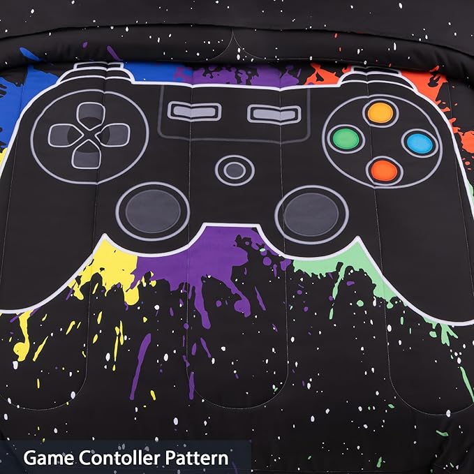 8Pcs Gamer Comforter Set with Sheets for Boys Girls Kids Teens, Colorful Graffiti Gaming Themed Bed in A Bag Full Size, Black 3D Video Game Controller Bedroom Decor Bedding Set-Black - LeafyLoom