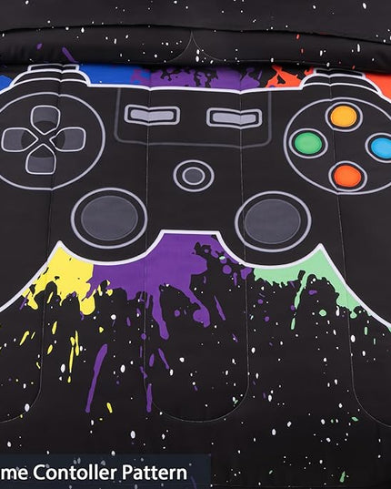 8Pcs Gamer Comforter Set with Sheets for Boys Girls Kids Teens, Colorful Graffiti Gaming Themed Bed in A Bag Twin Size, Black 3D Video Game Controller Bedroom Decor Bedding Set-Black - LeafyLoom