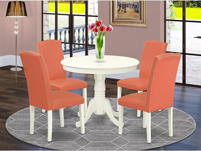 East West Furniture ANEN5-LWH-78 Antique 5 Piece Modern Set Includes a Round Kitchen Table with Pedestal and 4 Pink Flamingo Faux Leather Parson Dining Chairs, 36x36 Inch - LeafyLoom