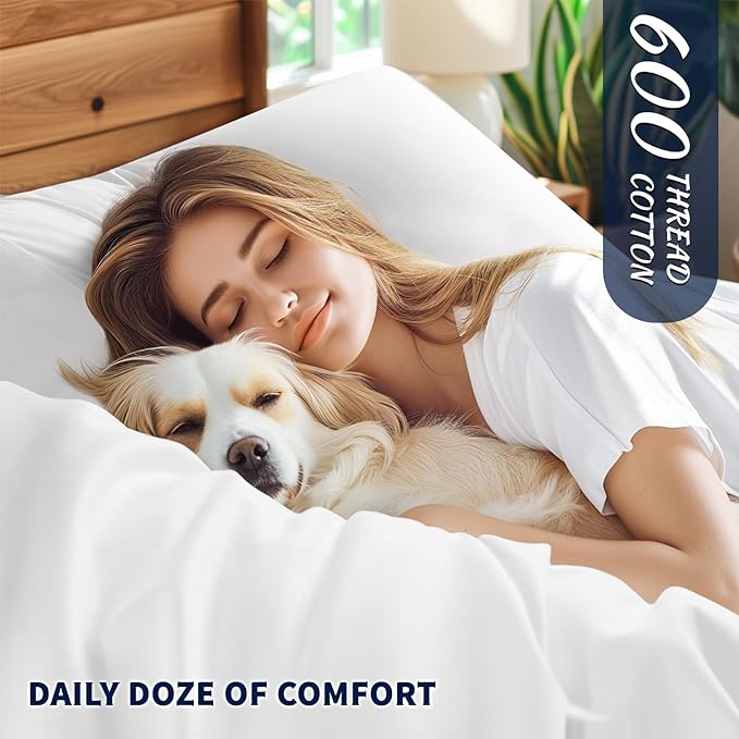 Shilucheng 100% Cotton Sheets Set - 600 Thread Count，Luxury Egyptian Cotton Bed Sheets，5-Star Hotel Quality Sheets, Breathable & Cooling, 16 Inch Deep Pocket - 4 Piece (White, California King) - LeafyLoom