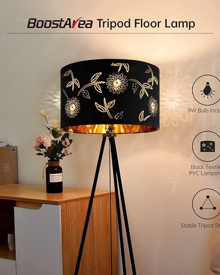 BoostArea Flower Tripod Floor Lamp, Mid Century, 8W LED Bulb, Decorative Lamp Shade, Black Metal Pole, Suitable for Living Room, Bedroom, Study, Office - LeafyLoom