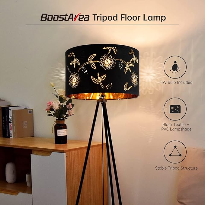 BoostArea Flower Tripod Floor Lamp, Mid Century, 8W LED Bulb, Decorative Lamp Shade, Black Metal Pole, Suitable for Living Room, Bedroom, Study, Office - LeafyLoom